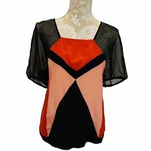 Line & Dot Color block Silk Blouse MED 1829